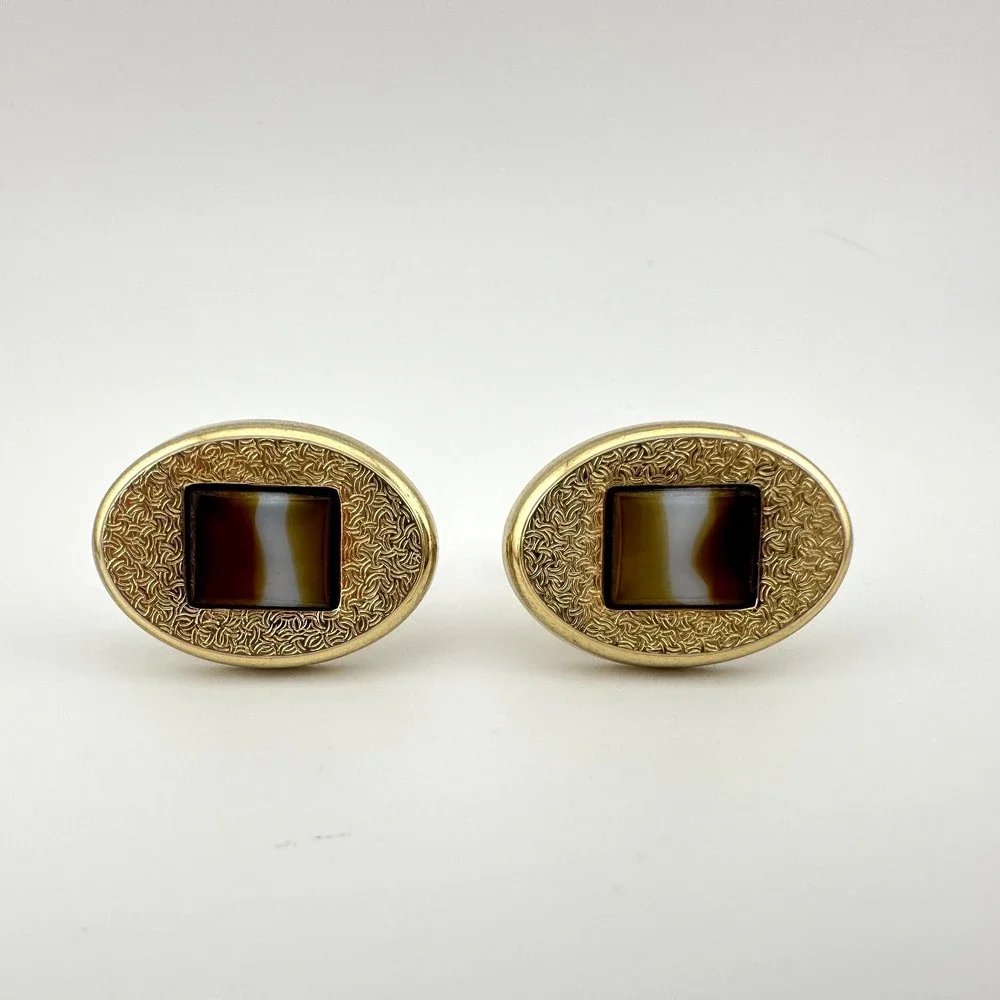 Vintage Hickok Canada Gold Tone Oval Cufflinks Set Inset Glass Rectangle 1